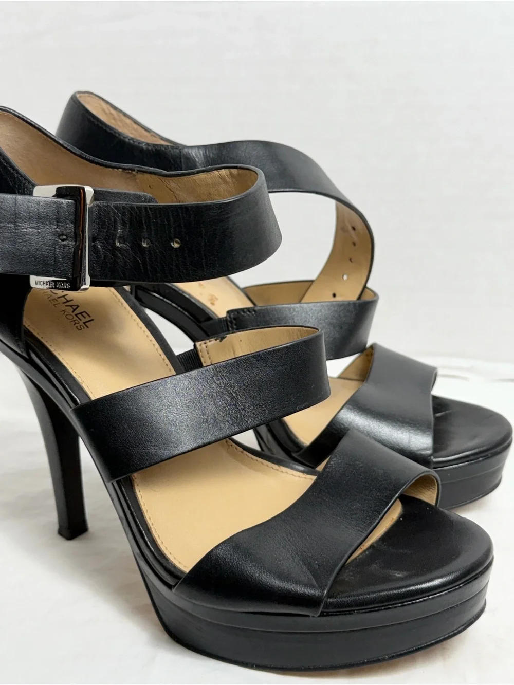 Michael Kors Black Leather Strappy Heeled Sandals with Silver Buckle